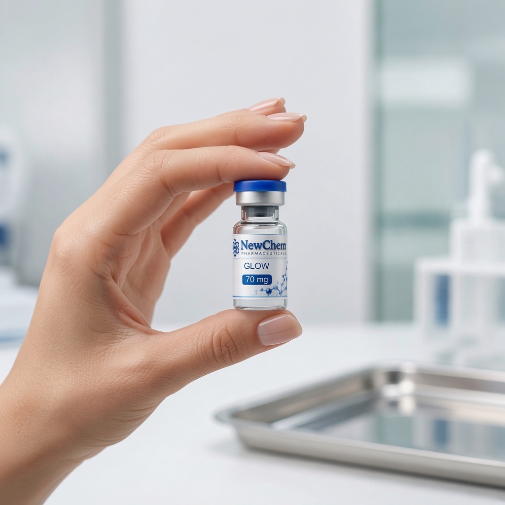 A NewChem vial held between two fingers